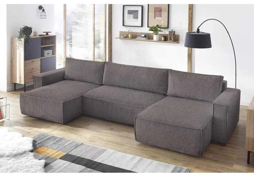 Sötétszürke kordbársony kinyitható sarokkanapé ("U" alakú) Nihad – Bobochic Paris