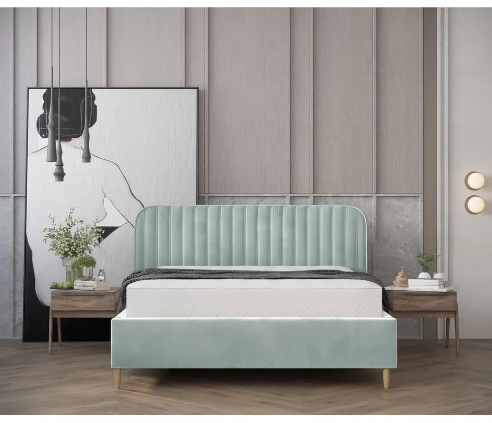 Mentazöld kárpitozott ágyneműtartós franciaágy ágyráccsal 180x200 cm Noto – Maison de Rêve