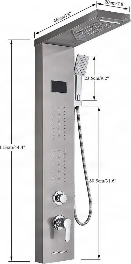 Zuhanyrendszer EYN BSP1912 LED-világítással, vízeséskifolyóval és masszázsfúvókákkal, többféle, például matt fekete és szálcsiszolt ezüst kivitelben — Nikkel