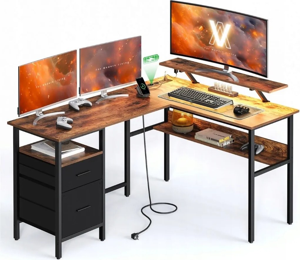 Barna sarok íróasztal Led világítás 20 szín és 2 szövet fiók