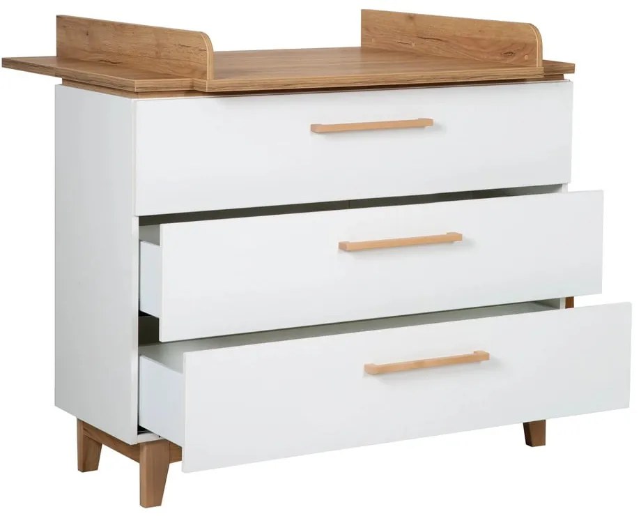 Fehér alacsony gyerek komód pelenkázó feltéttel tölgyfa dekorral 118x104 cm Finn – Roba