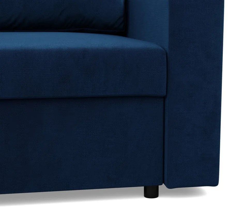 Zeus sarokkanapé, 2 ágyneműtartóval, egyenes kartámasz, bársony, univerzális oldal, hab töltet, kék