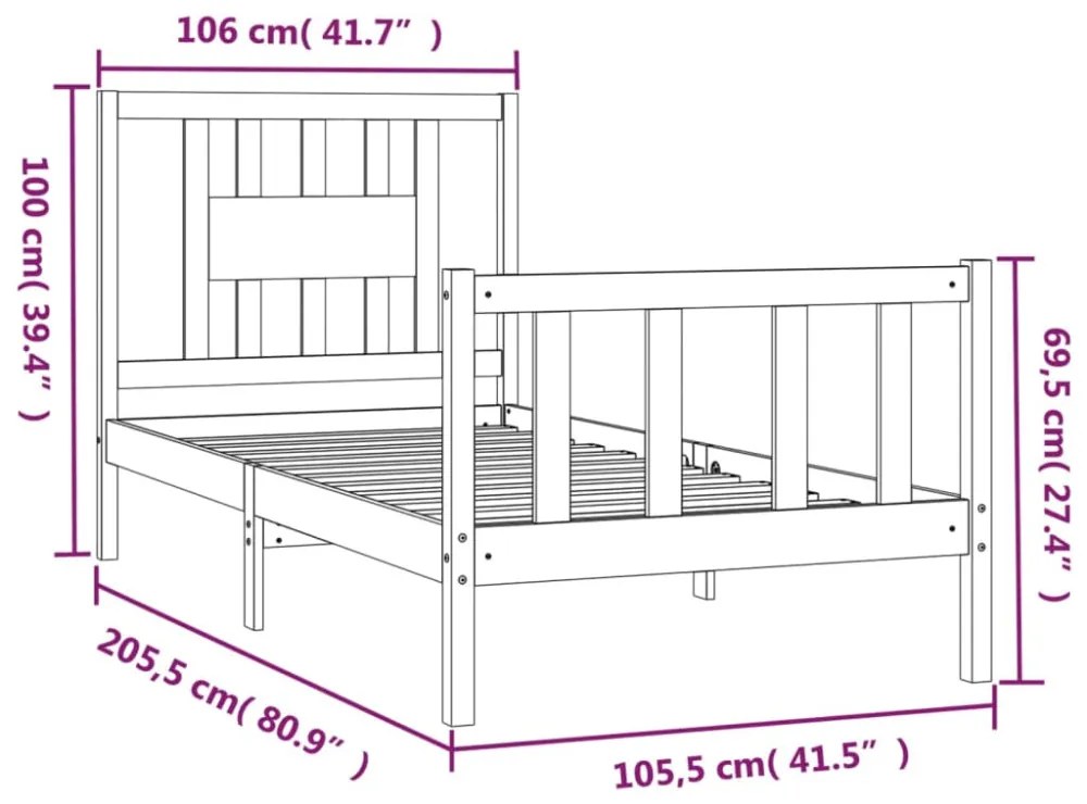 fekete tömör fenyőfa ágykeret fejtámlával 100 x 200 cm