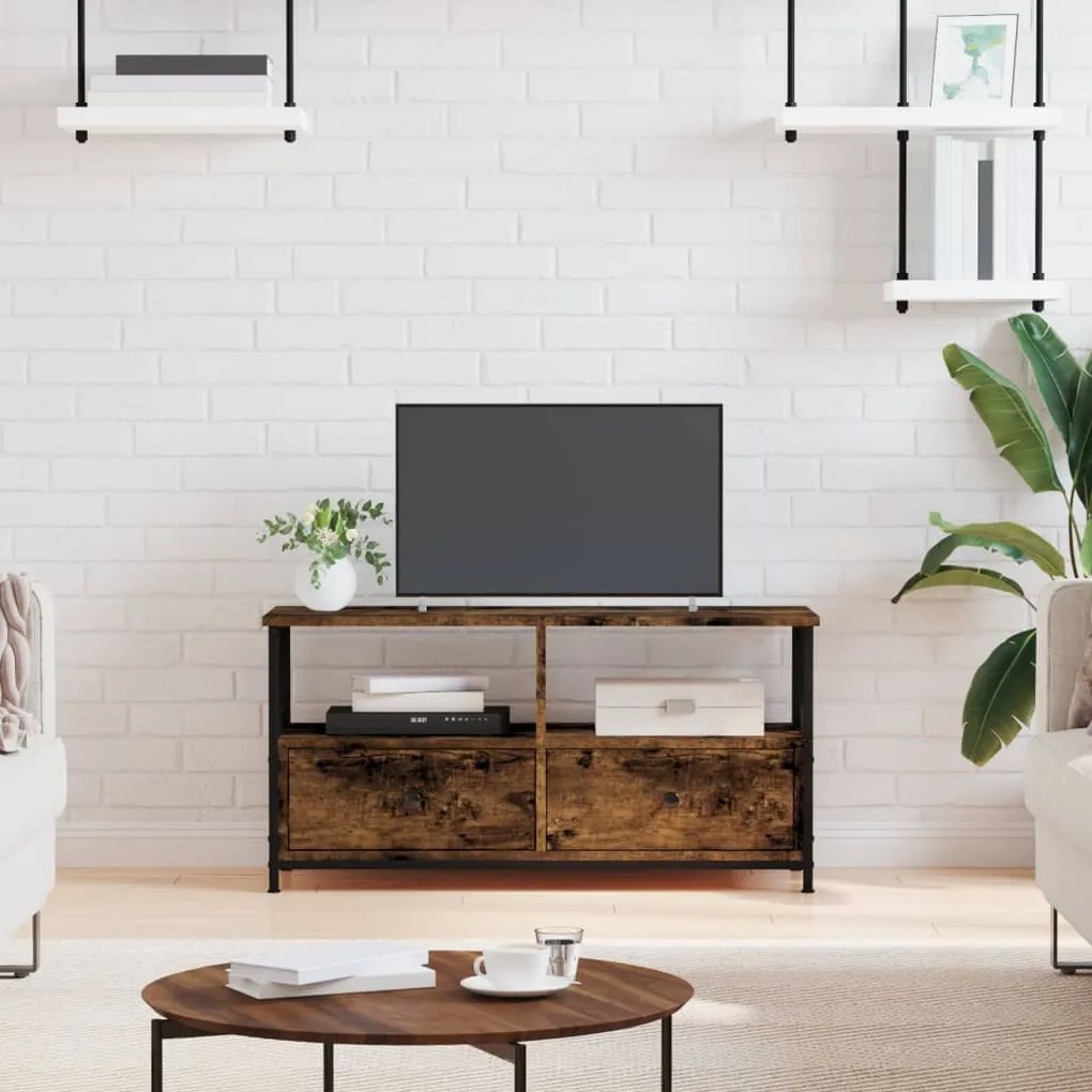 füstös tölgy színű szerelt fa és vas TV-szekrény 90x33x45 cm