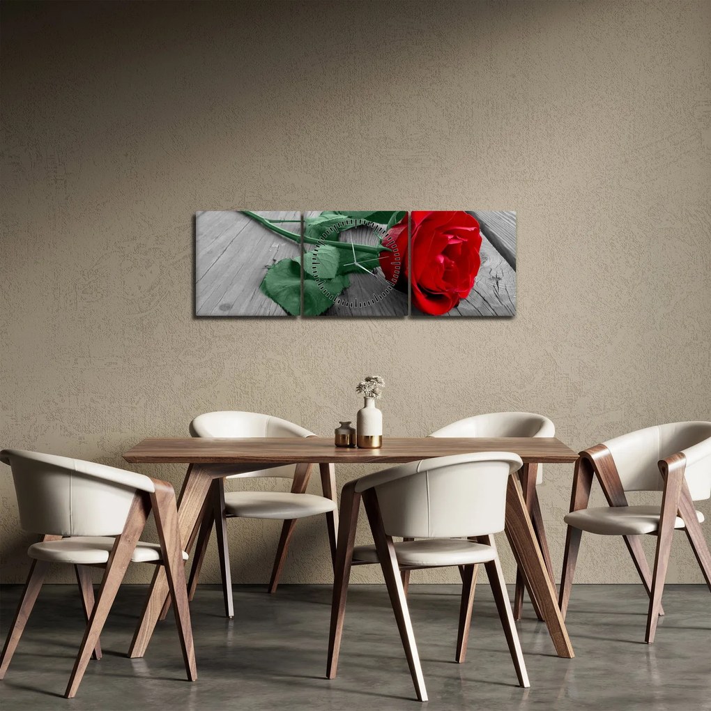 Kép - Piros rózsa zöld szárral (órával) (90x30 cm)