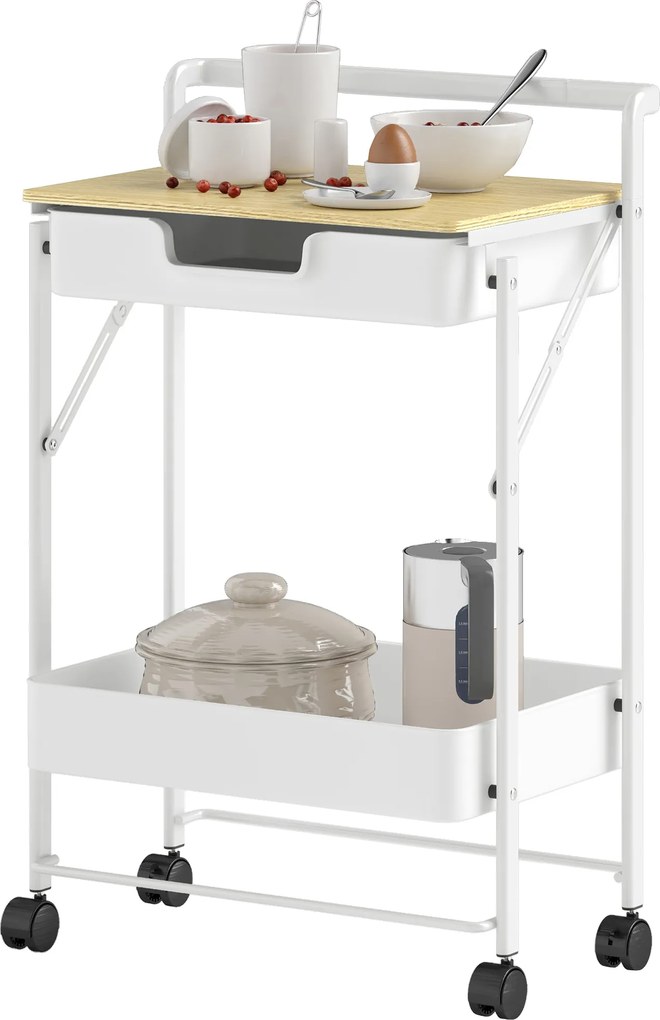 HOMCOM 2-Tier Görgős Használati Kocsi 1 Fiókkal és 1 Kosárral - Konyhai Kocsi Szervező Hálószobába, Nappaliba és Irodába - Fehér | Aosom