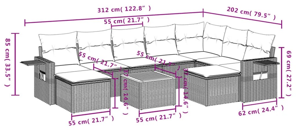 10 részes fekete polyrattan kerti ülőgarnitúra párnákkal