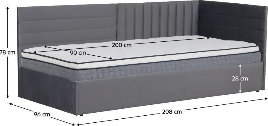 Ágy ágyráccsal, 90x200, szürke Velvet szövet, MEVIA