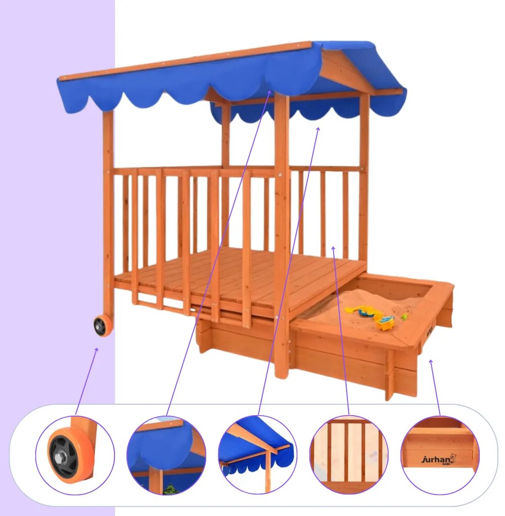 HAPPY verandás homokozó, 130x130x143cm, barna/kék Jurhan