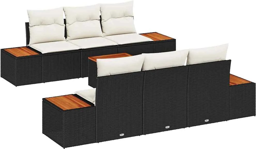 vidaXL Kerti Kanapé Szett párnával 7 pcs Fekete Poli rattan