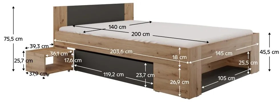 Franciaágy 140 cm Uniforme (artisan tölgy + antracit)  (tárolóhellyel). 1116535
