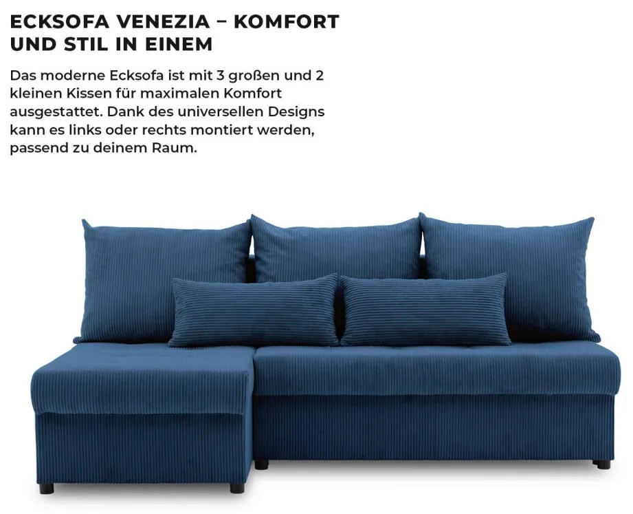 Venezia sarokkanapé, kordbársony, univerzális oldal, hab töltet, kék