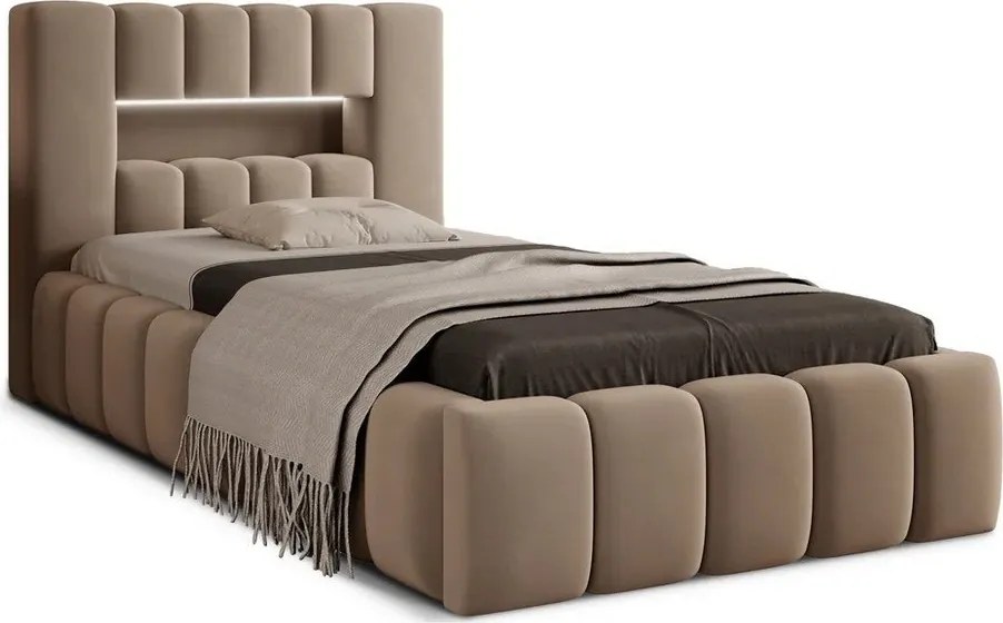 Világosbarna kárpitozott ágyneműtartós egyszemélyes ágy ágyráccsal 90x200 cm Lamica – ELTAP