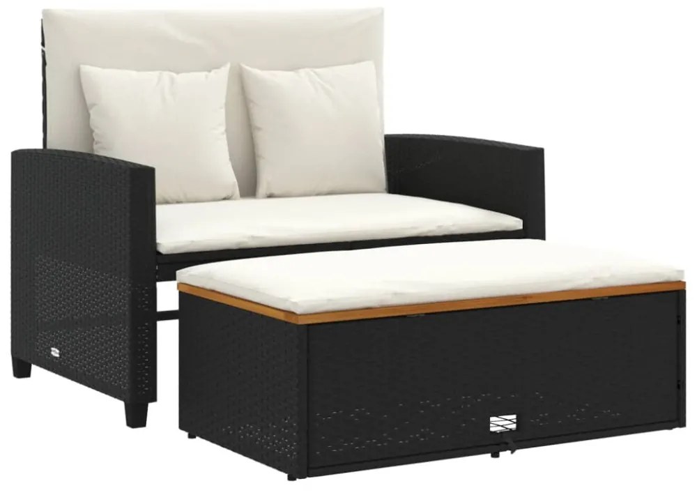 2 személyes fekete polyrattan/akácfa kerti kanapé párnával