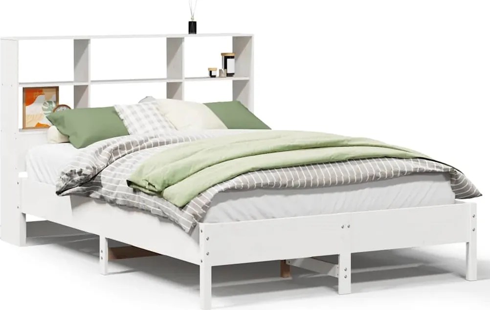 vidaXL fehér tömör fenyőfa könyvespolcos ágy matrac nélkül 140x190 cm