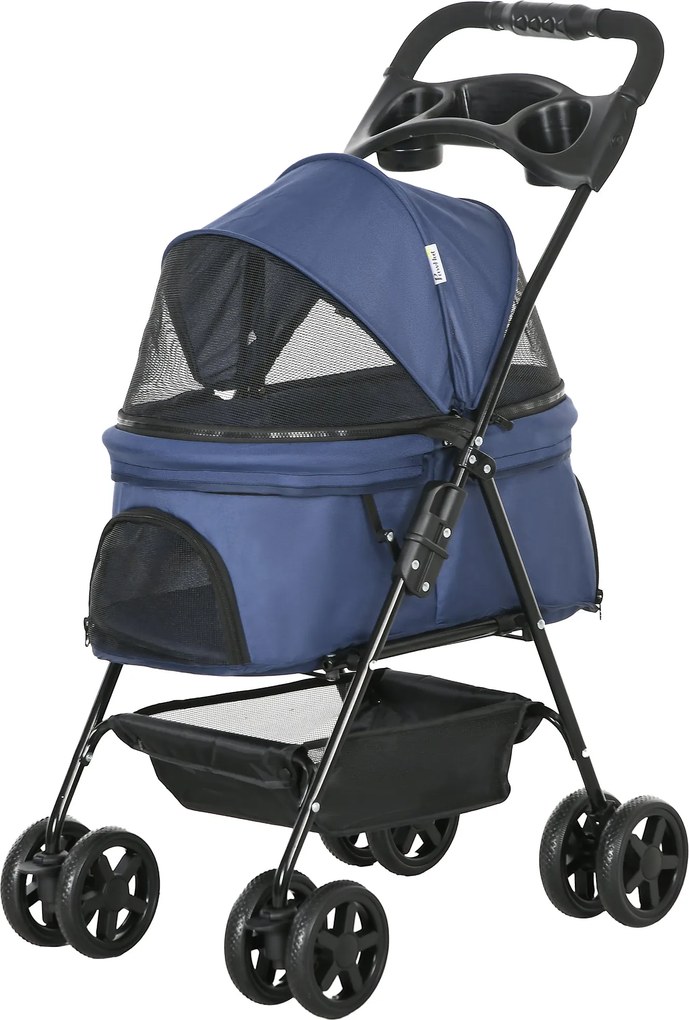 PawHut Összecsukható Kutya Babakocsi Kis Háziállat Szállító Univerzális Kerekekkel, Tároló Kosárral, Biztonsági Övekkel és Ablakkal, 15 kg-ig, 67x45x9