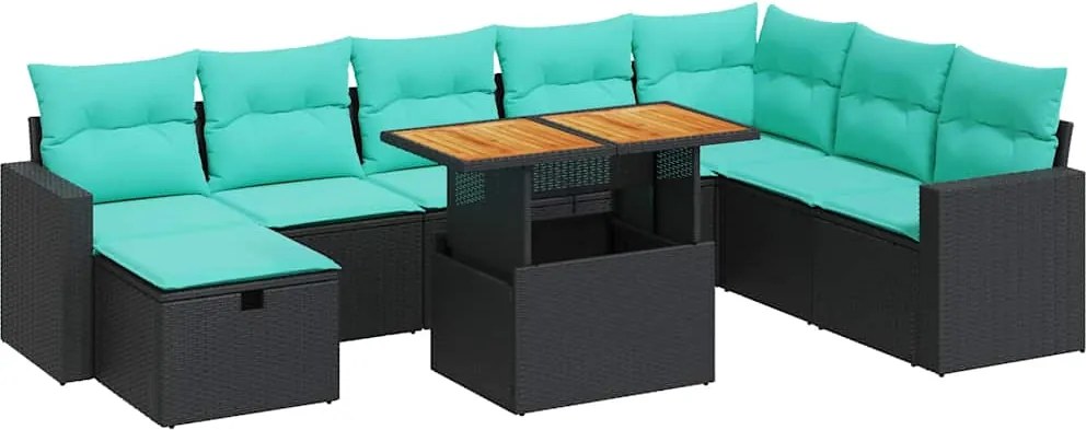 vidaXL 9 részes fekete polyrattan akácfa kerti ülőgarnitúra párnákkal