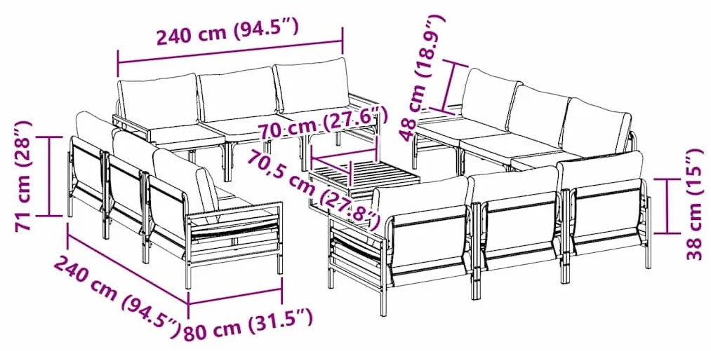 Kerti Kanapé Szett 13 pcs Antracitszürke Acél