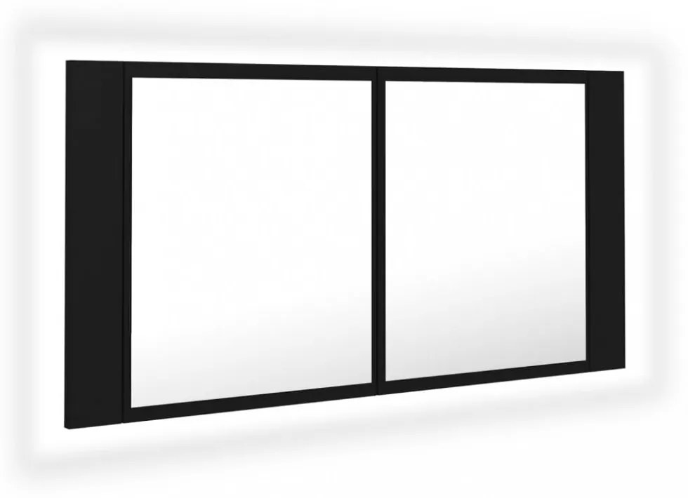 fekete akril LED-es fürdőszobaszekrény tükörrel 90x12x45 cm