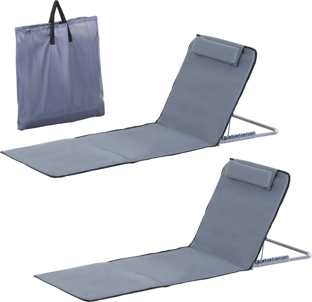 Outsunny 2 db-os Összecsukható Tengerparti Matrac Kihajtható Háttámlával 5 Féle Fejpárnával és Hordtáskával 134x48x33-43 cm Szürke | Aosom
