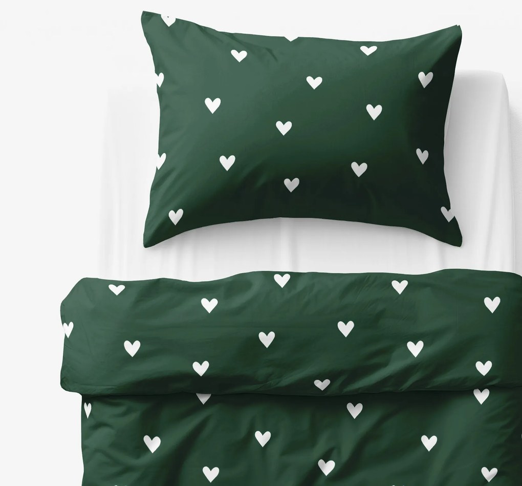Goldea gyermek pamut ágyneműhuzat - szívecskék, sötétzöld alapon 140 x 200 és 70 x 90 cm