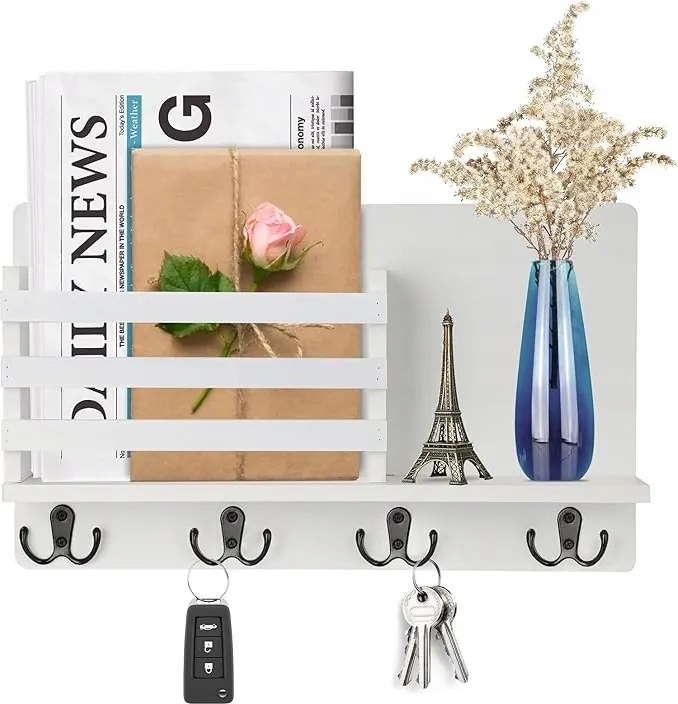 Fa Fali Könyvespolc Kulcstartó Polccal, 4 Dupla Akasztóval