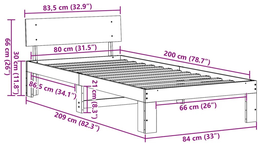 Ágykeret fejtámlával Fehér 80x200 cm Tömör fenyőfa
