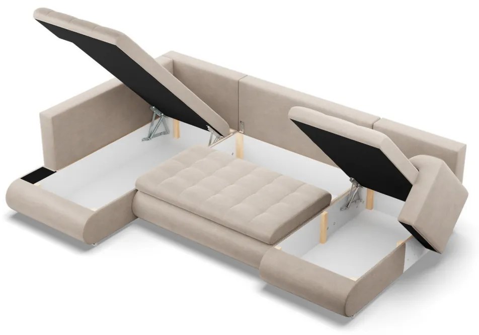 Tokio U sarokkanapé, 3 ágyneműtartóval, bársony, baloldali, bézs