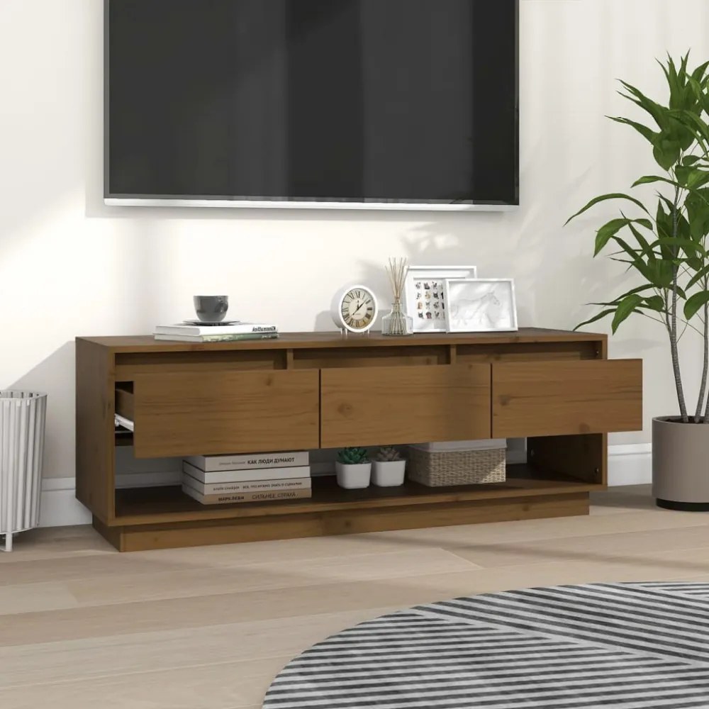 mézbarna tömör fenyőfa TV-szekrény 110,5x34x40 cm