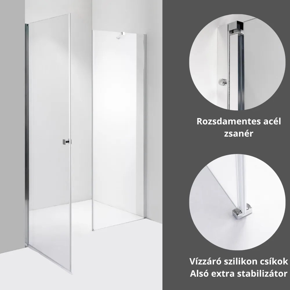 Stuxi Bari Fix 210 cm (90+120) széles nyíló zuhanyajtó fix fallal, 6 mm vízlepergető üveggel, króm profillal, 195 cm magas