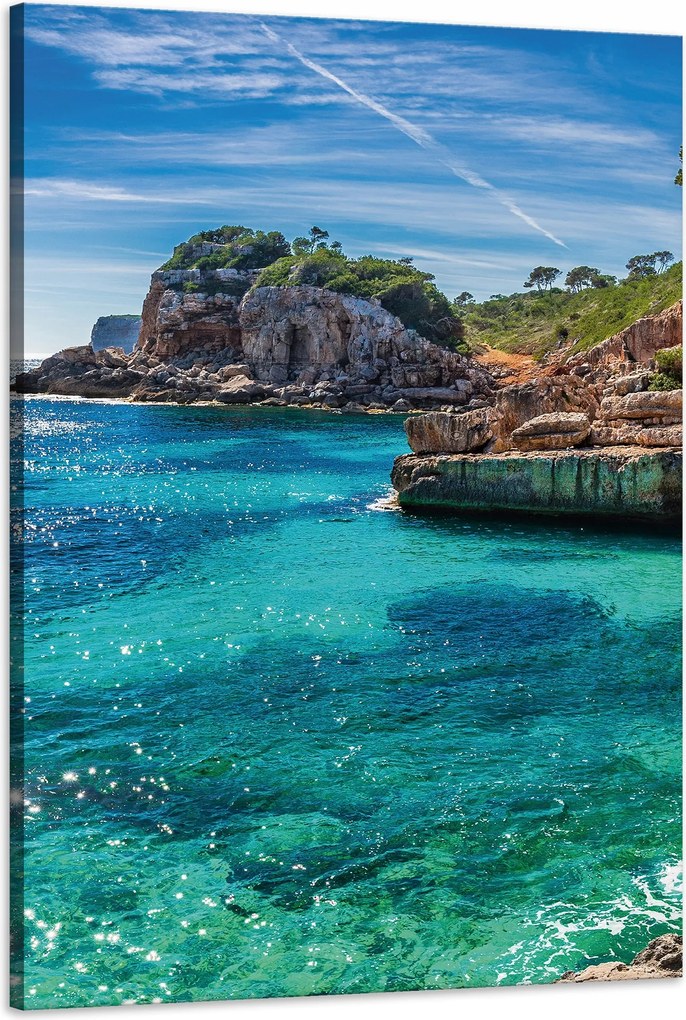 Vászonkép Tájkép Sziklák Víz Fák Nap 60x90 cm