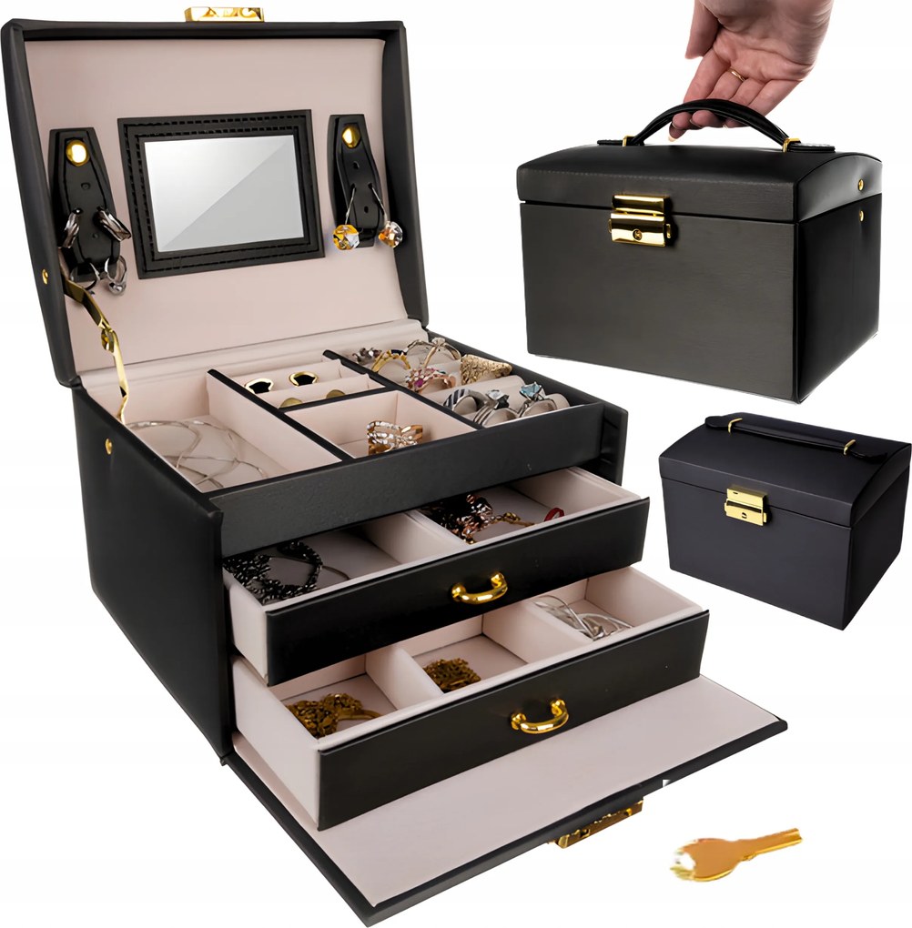 Ékszerdoboz Kulcsos Táska Tükör Fiókok Fekete