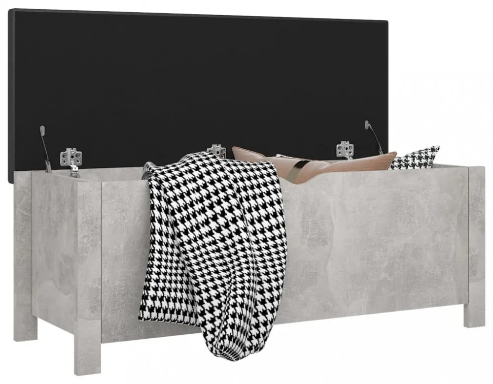 betonszürke szerelt fa tárolódoboz párnával 105 x 40 x 45 cm