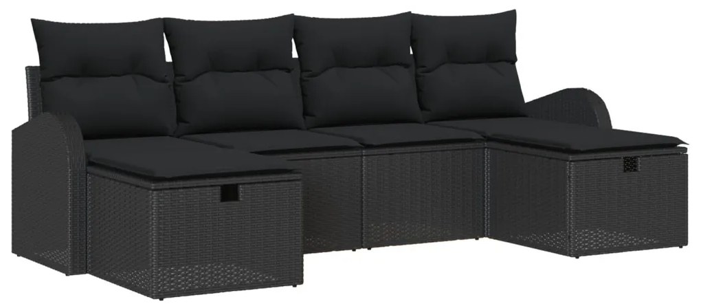 6 részes Kert Sofa Szett Párnákkal Fekete Poli Rattan