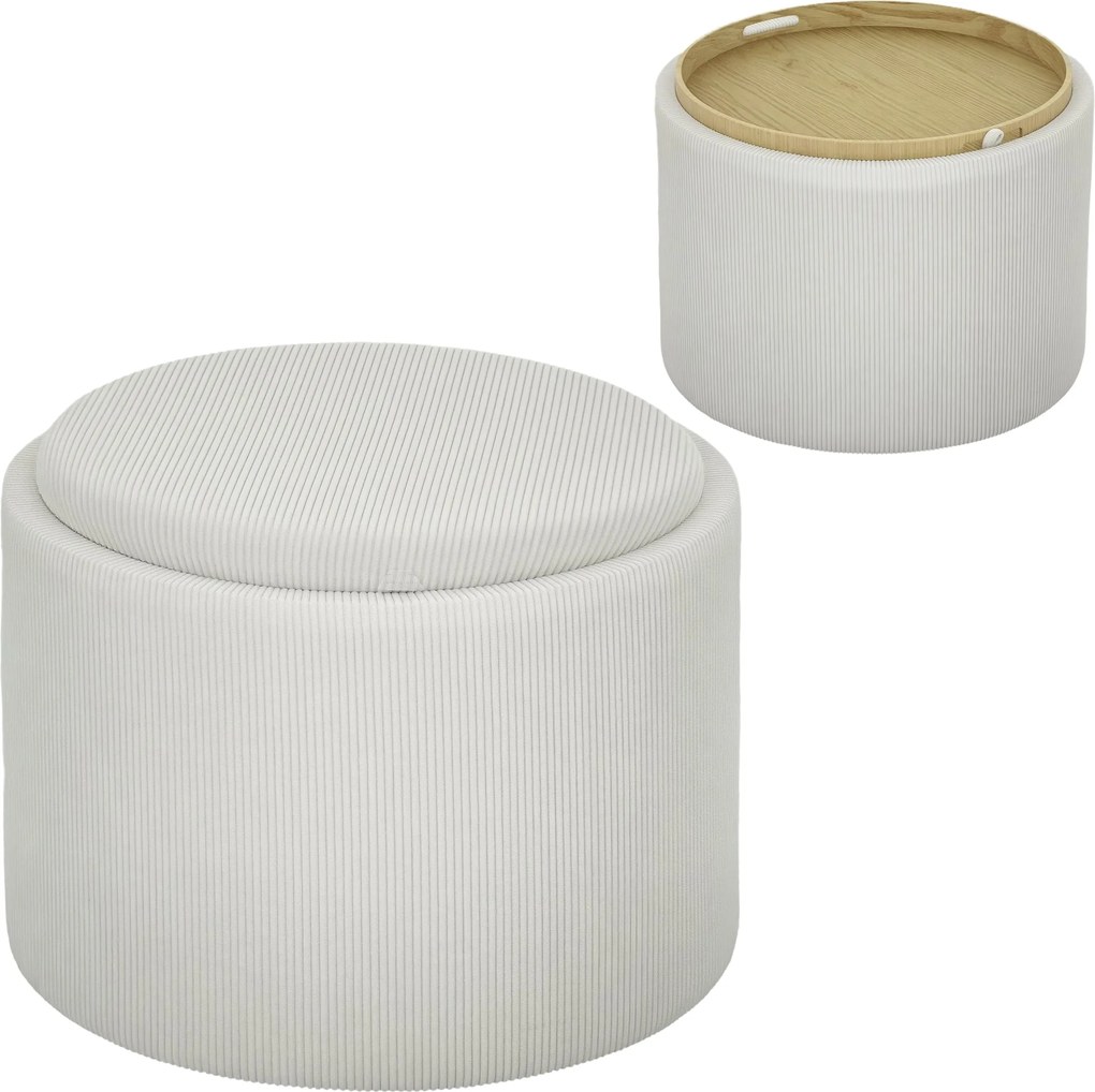 HOMCOM tároló puff fedéllel, kerek lábtartó puff corduroy bevonattal 56 x 56 x 42 cm Krémfehér | Aosom