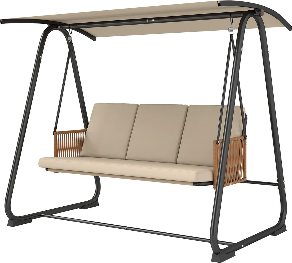 Outsunny 3 személyes hollywood-stílusú kerti hinta állítható napellenzővel, levehető légáteresztő ülőpárnával és rattan karfákkal — UPF30+, 360 kg teh