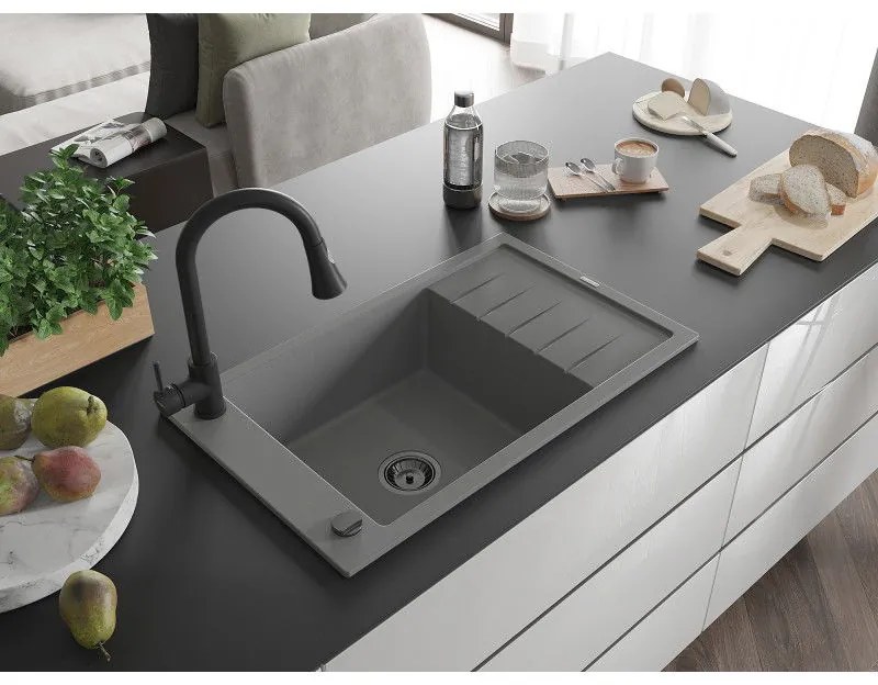 Mexen Elias, 1 kamrás gránit mosogató 795x480x200 mm és Elia mosogató csaptelep, szürke, 6511-71-670101-70-B