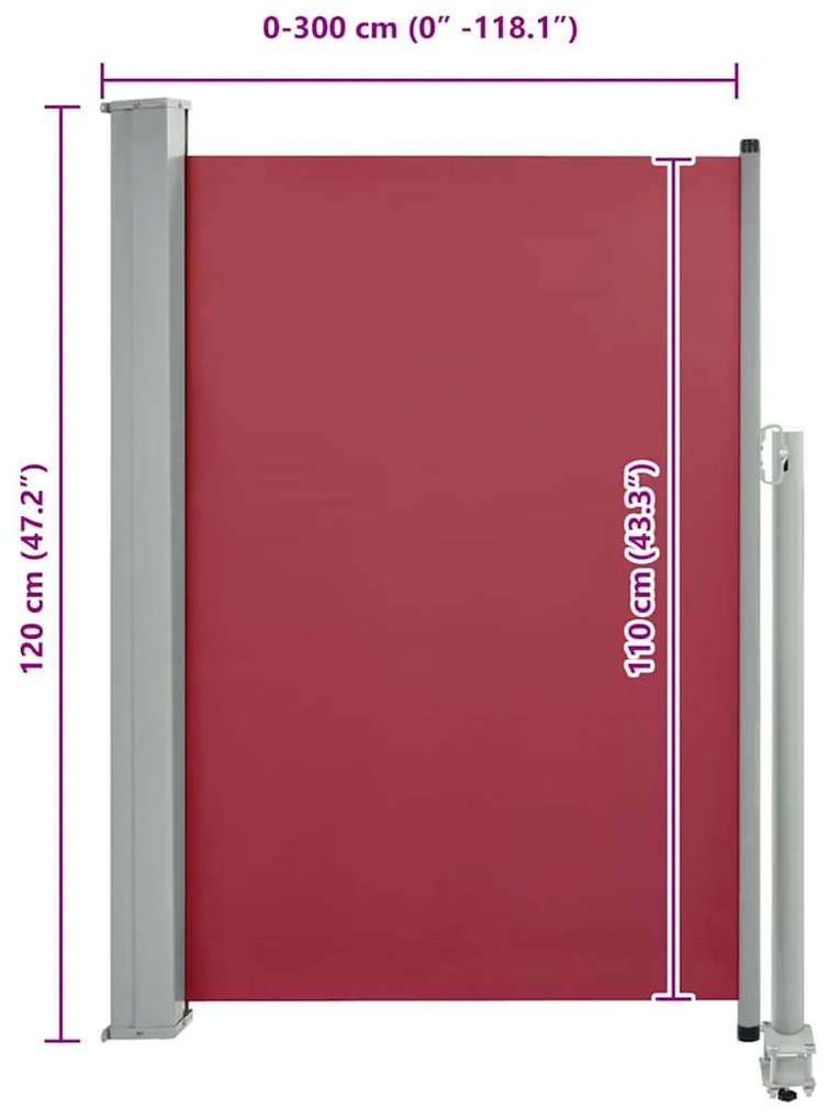 piros behúzható oldalsó teraszi napellenző 120 x 300 cm