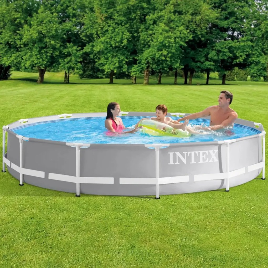 INTEX MetalPrism Set kör alakú fémvázas medence szett 366 x 76 cm, 2m³ papírszűrős vízforgató rendszerrel, Hydro Aeration befúvóval, 6503 literes, szürke (26712)