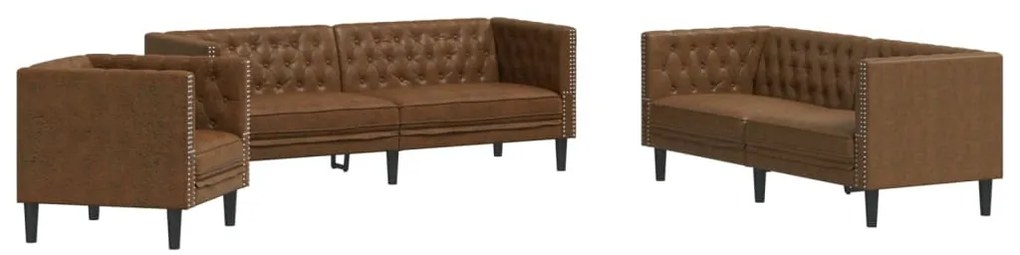 3 részes barna művelúr Chesterfield kanapégarnitúra