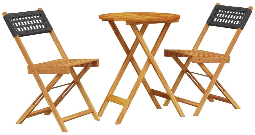 3 részes fekete polyrattan és tömör fa bisztrószett
