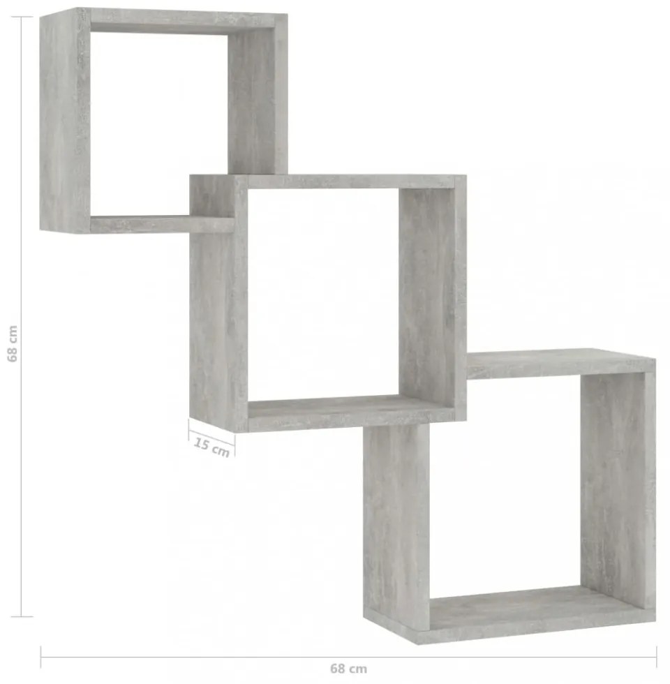betonszürke kocka alakú szerelt fa fali polcok 68x15x68 cm