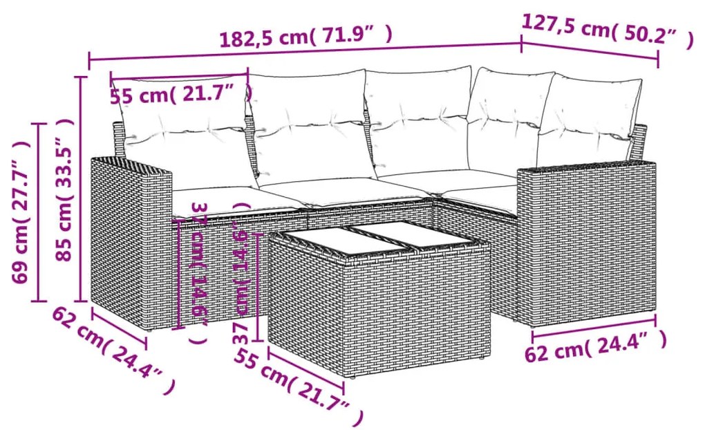 5 részes szürke polyrattan kerti ülőgarnitúra párnákkal