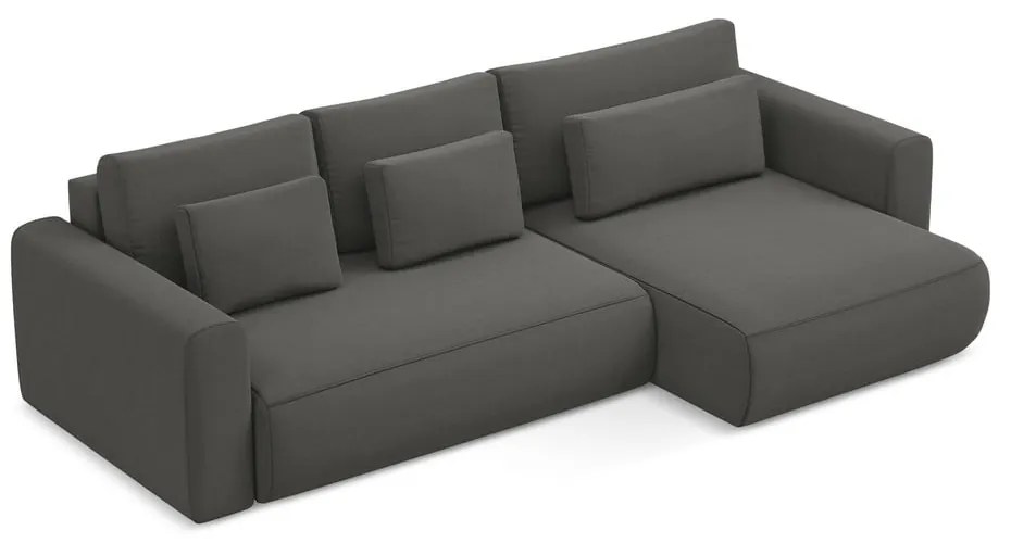 Sötétszürke bársony kinyitható-tárolóhelyes sarokkanapé (jobb oldali-heverő résszel) Kapua – Makamii