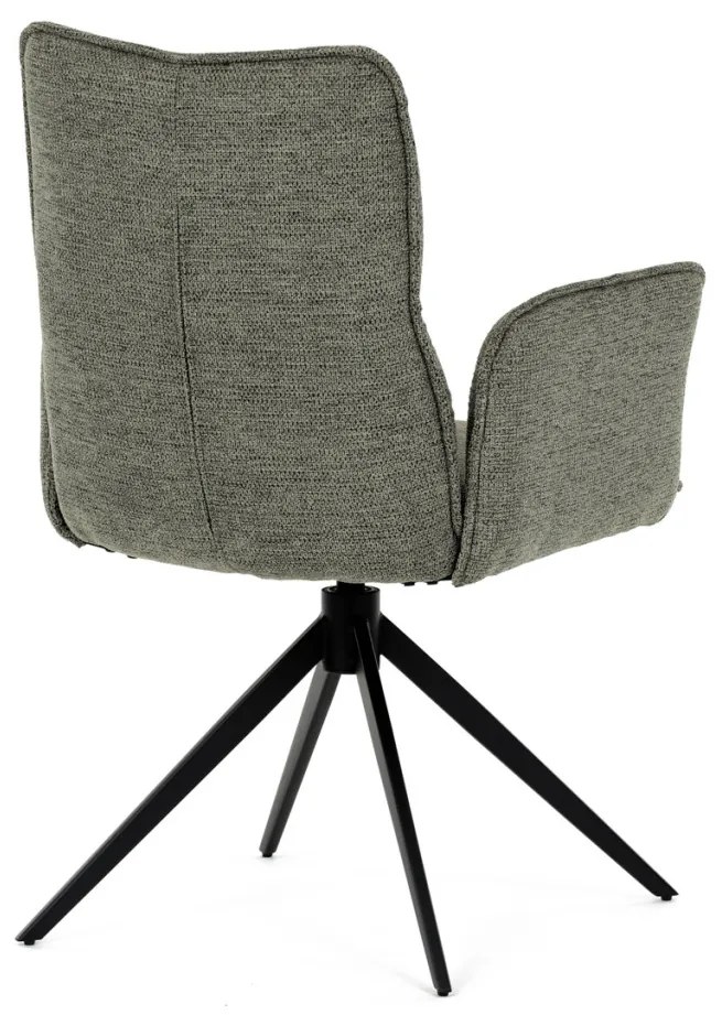 Scaun de dining rotativ, tapițat cu material textil verde, mecanism rotativ 360°, picioare metalice negre