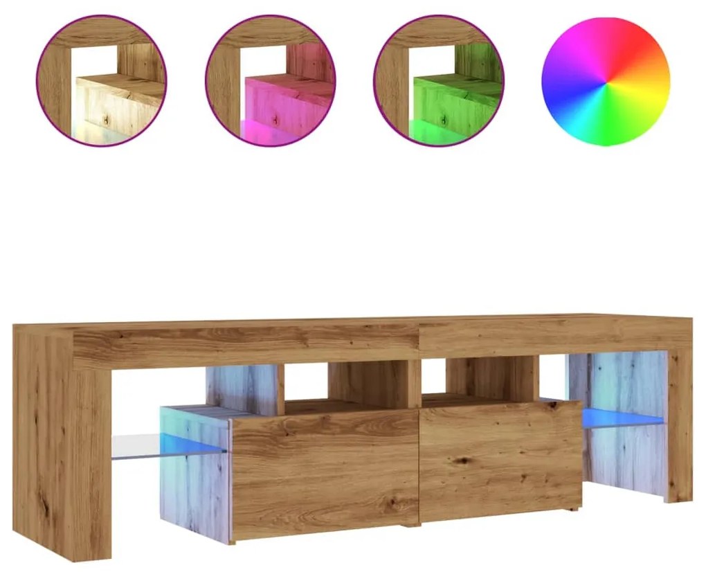 kézműves tölgy szerelt fa TV-szekrény LED-ekkel 140x36,5x40 cm