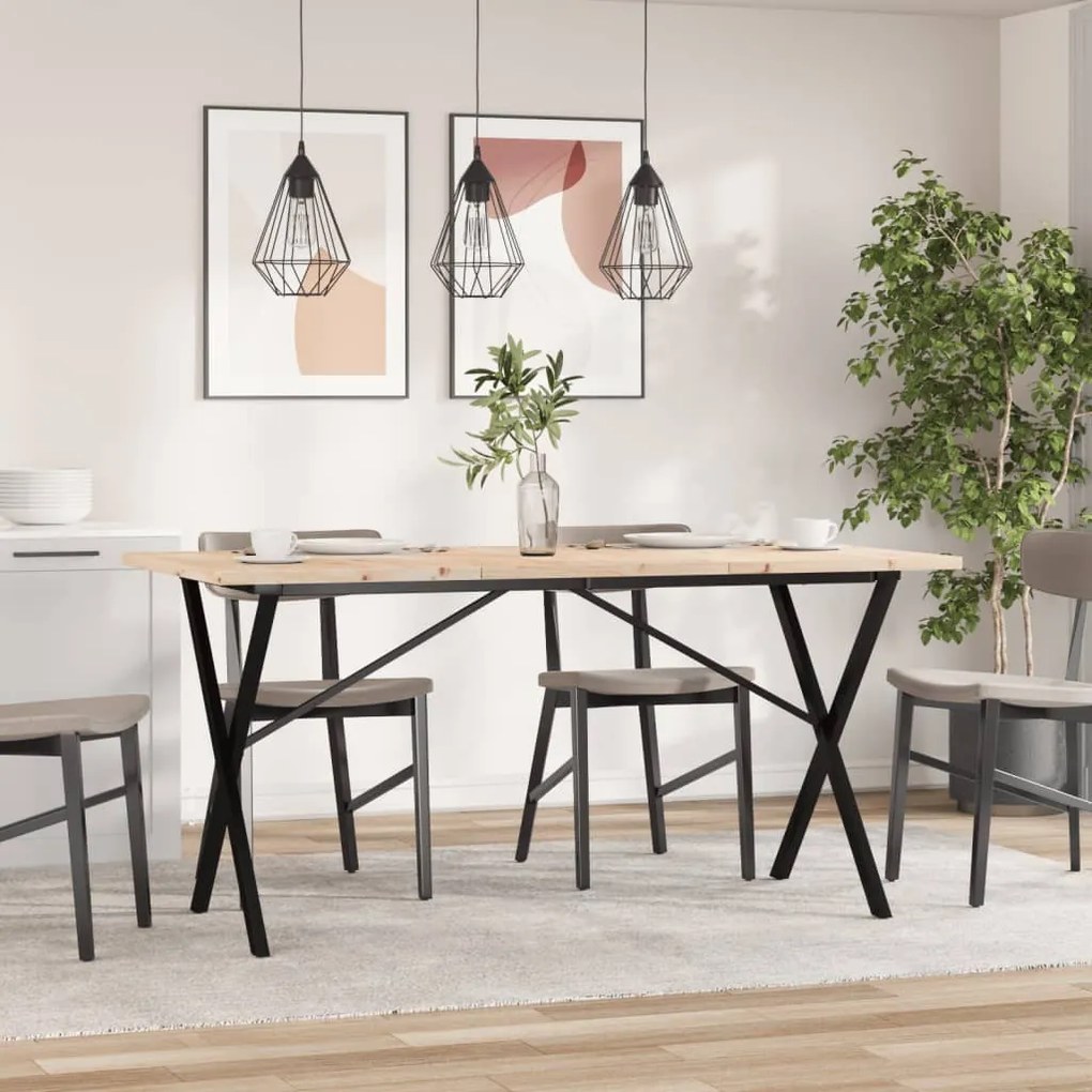 Tömör fenyőfa és acél étkezőasztal X-vázzal 160x80x75,5 cm