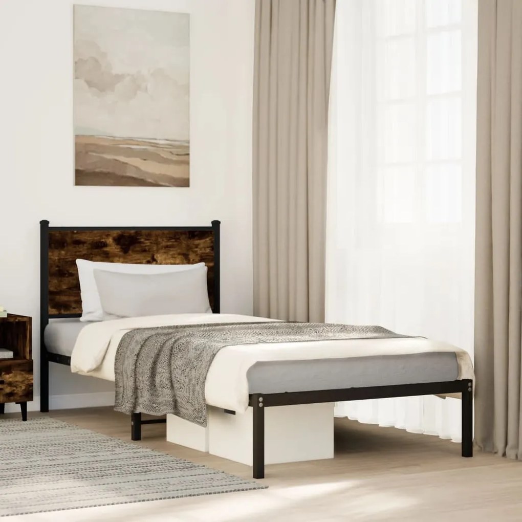 füstös tölgy színű fém ágykeret matrac nélkül 90 x 200 cm