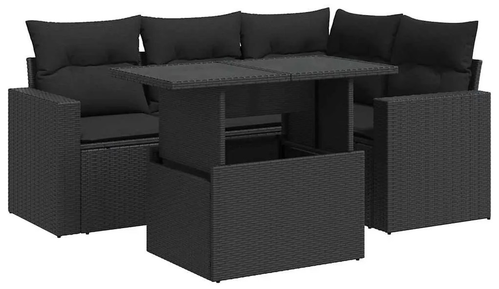5 részes fekete polyrattan kerti kanapészett párnákkal