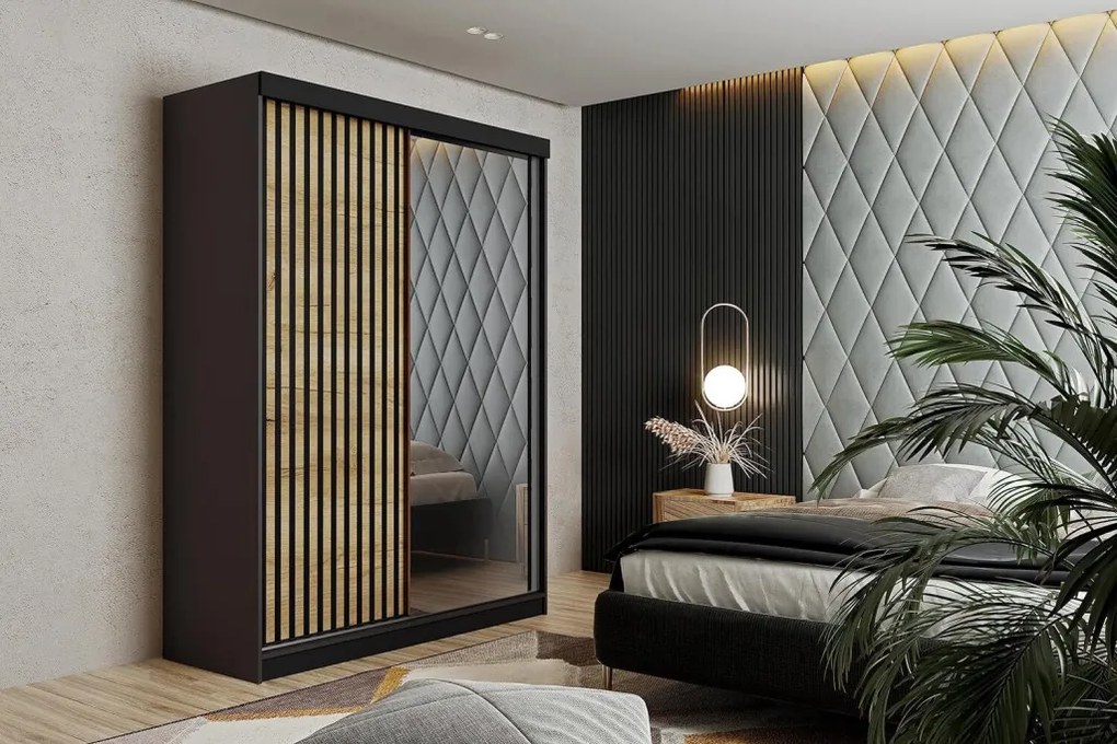 Malani 138 Tolóajtós Szekrény 138cm, Grafit-Arany Tölgy